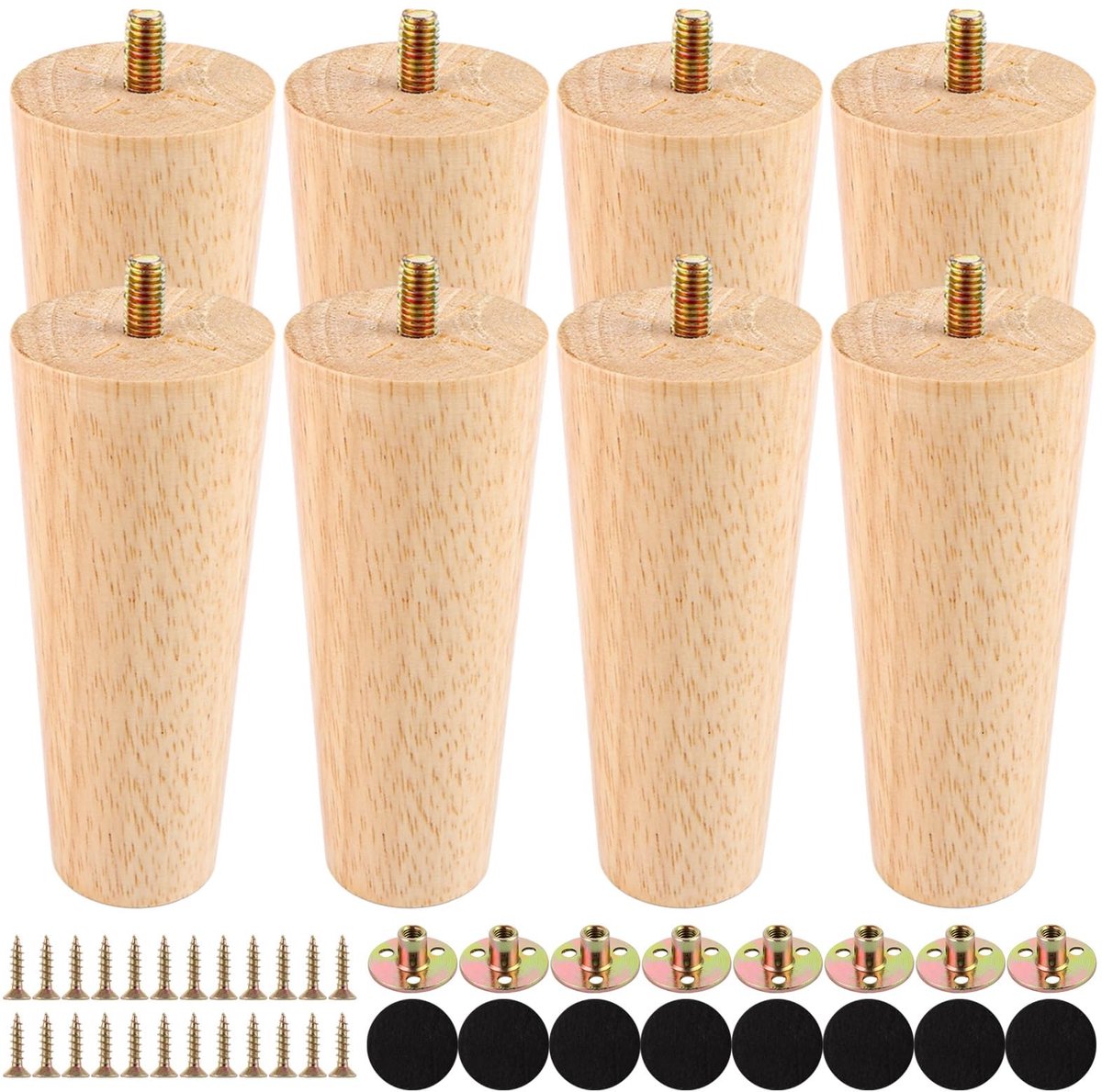 Dailygoods- Houten Meubelpoten 12 cm - Eiken Meubelpoten - Set van 8 - Massief Hout - Montageplaten - Schroeven/Rubberen Pads