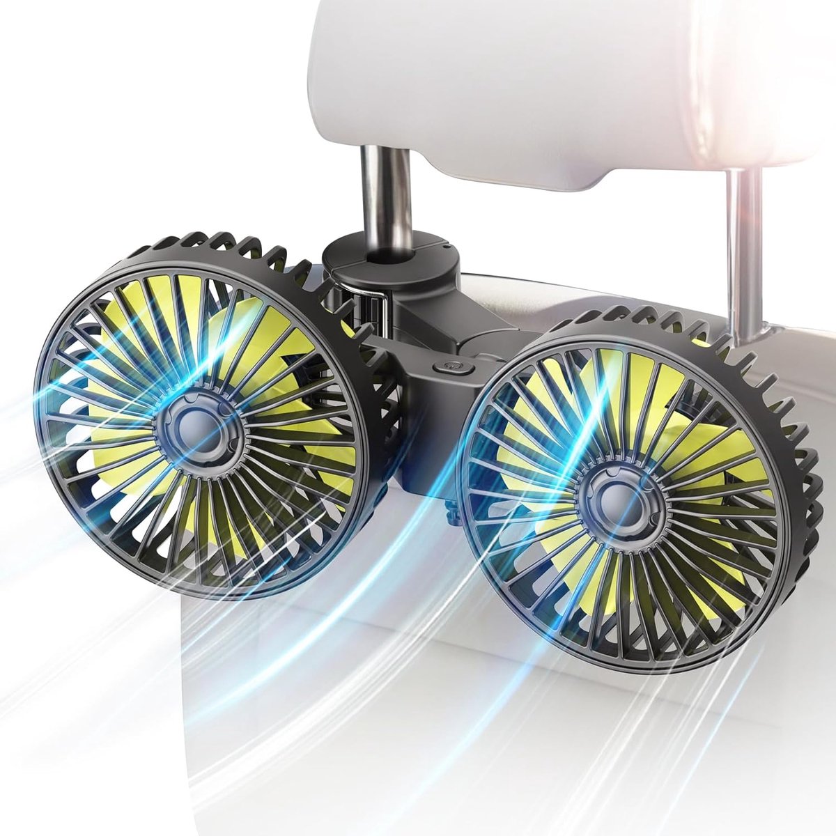 Dubbele USB Autoventilator voor autostoel achterbank, sterke 3 instelbare snelheden, 360 graden draaibaar, te bevestigen op hoofdsteun achterin, luchtcirculatie ventilator inclusief verstelbare klem, geel