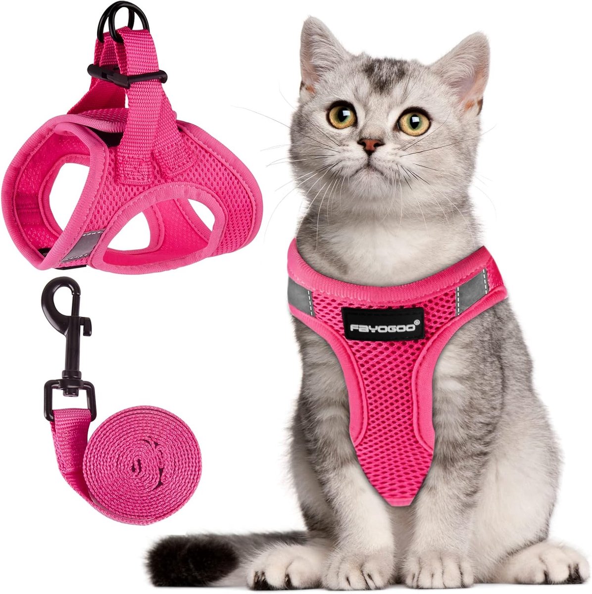 Set met kattenharnas en riem voor wandelen, ontsnappingsbestendig, kittenharnas en riem verstelbaar, kleine en grote kattenwandelharnas en riem, lichtgewicht zacht vestharnas en riem (L, roze)