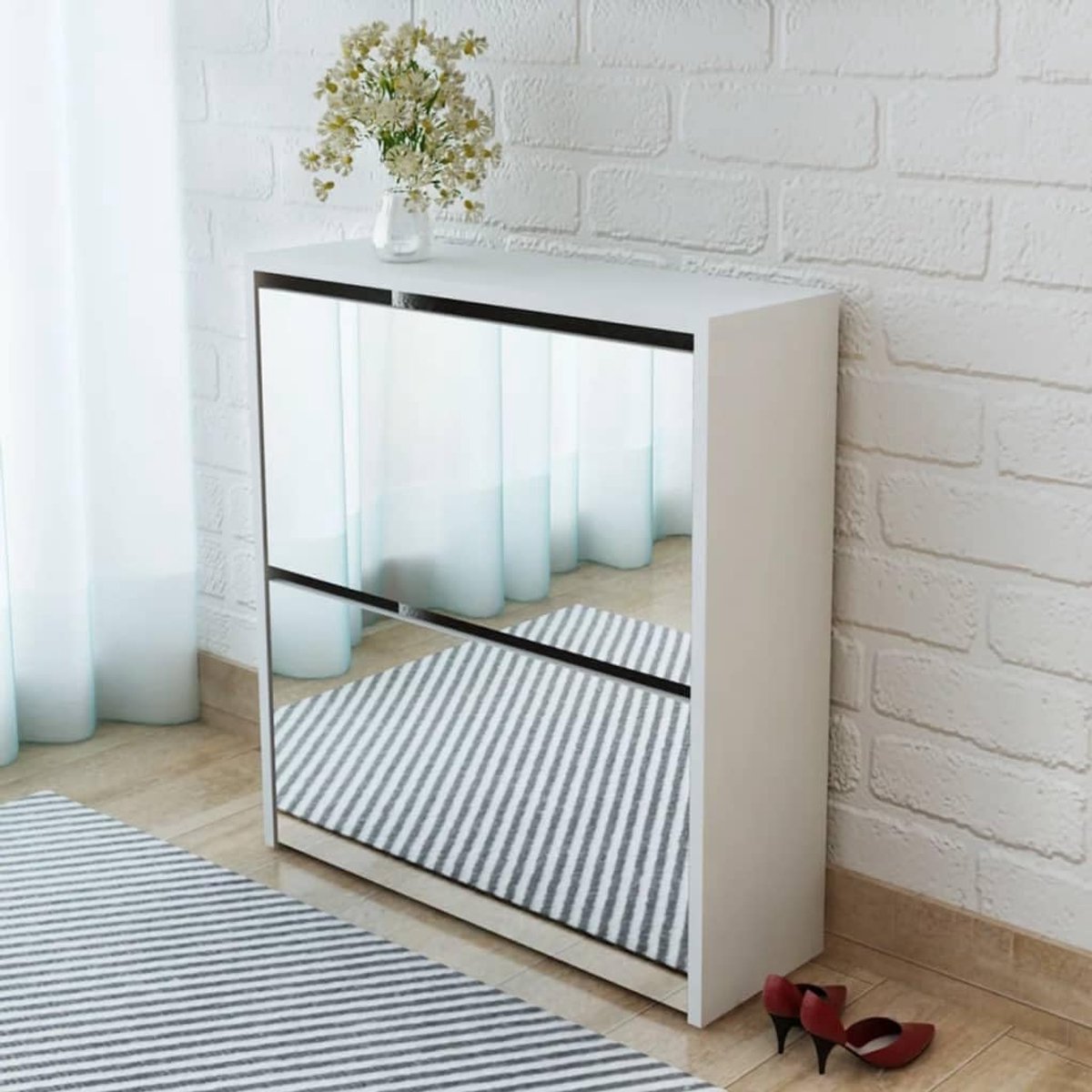 Witte Schoenenkast - Spiegelkast Entree - Schoenen Opbergen - Met Spiegel - 63 x 17 x 67 c