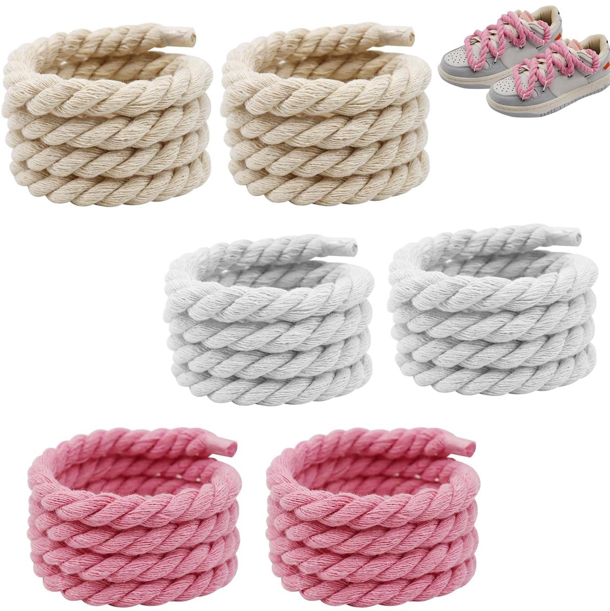 Dailygoods - 3 Paar Ronde Dikke Veters van 160cm – Rope Laces Dikke veters voor Gymschoenen, Loopschoenen en Sportschoenen – Eén Maat Past Allemaal, Gemengd in Kleuren