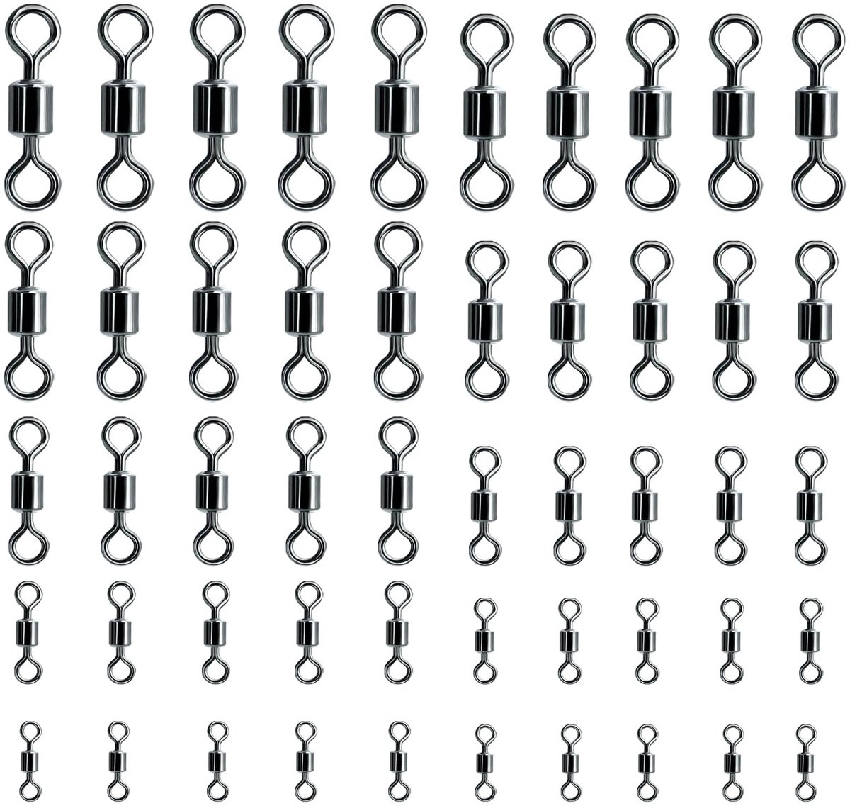 Dailygoods- Viswervels 50 Stuks - Draaibare Schacht - Corrosiebestendig Roestvrij Staal - Hoge Draagkracht - 10 Maten - Flexibele Rotatie - Visclips