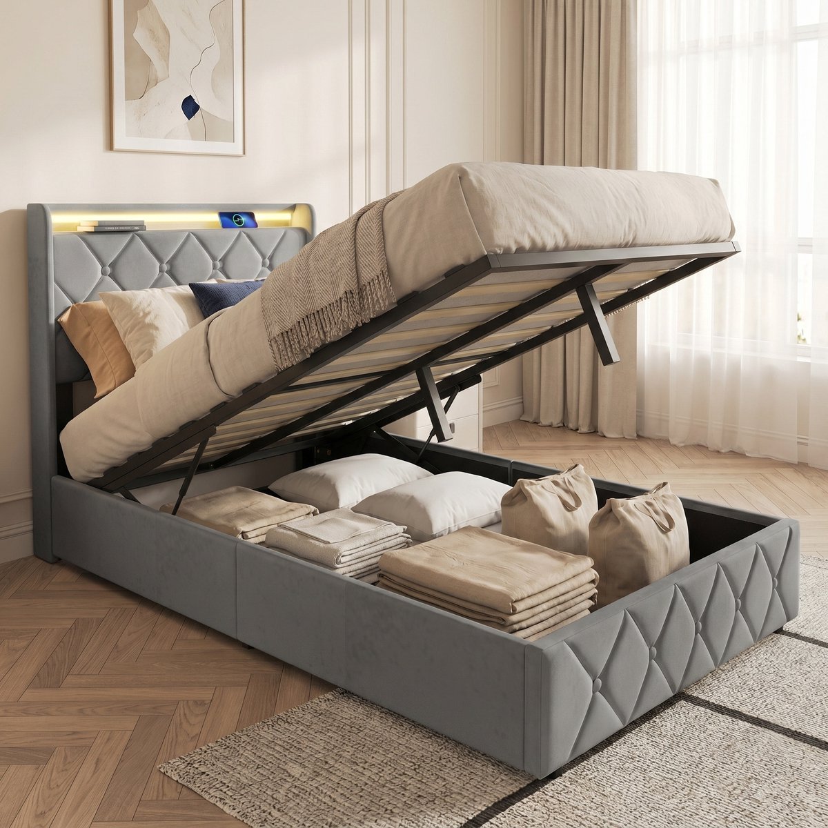 Opbergbed 90x200 cm - Gestoffeerd Eenpersoonsbed met RGB LED - Hoofdbord met plank en USB - Fluwelen - Grijs