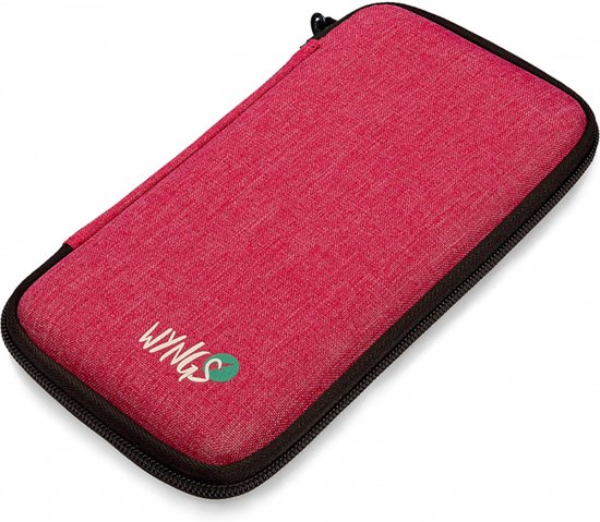 Roze beschermhoes voor rekenmachine, gesloten, met WYNGS logo.