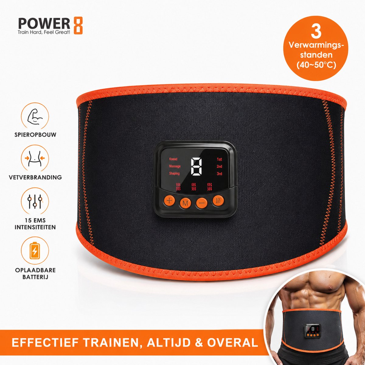 Power-8® Fitpulse – EMS + Heat Buikspiertrainer – Smart Waist trainer - 6 Programma’s – 15 Intensiteitsniveaus – 3 Warmte-instellingen – USB Oplaadbaar – Spierstimulator & Afslankband – Sixpack & Waist Trainer - zweetbanden