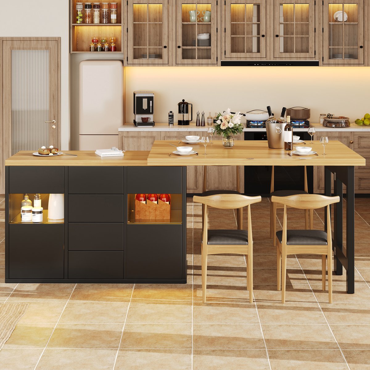 STILVORA Eettafel - Draaibaar En Uitschuifbaar Keukeneiland Met RGB Verlichting En 4 Lades - Voor Keuken En Eethoek - MDF Metaal - Zwart - 197x40x73,8 Cm