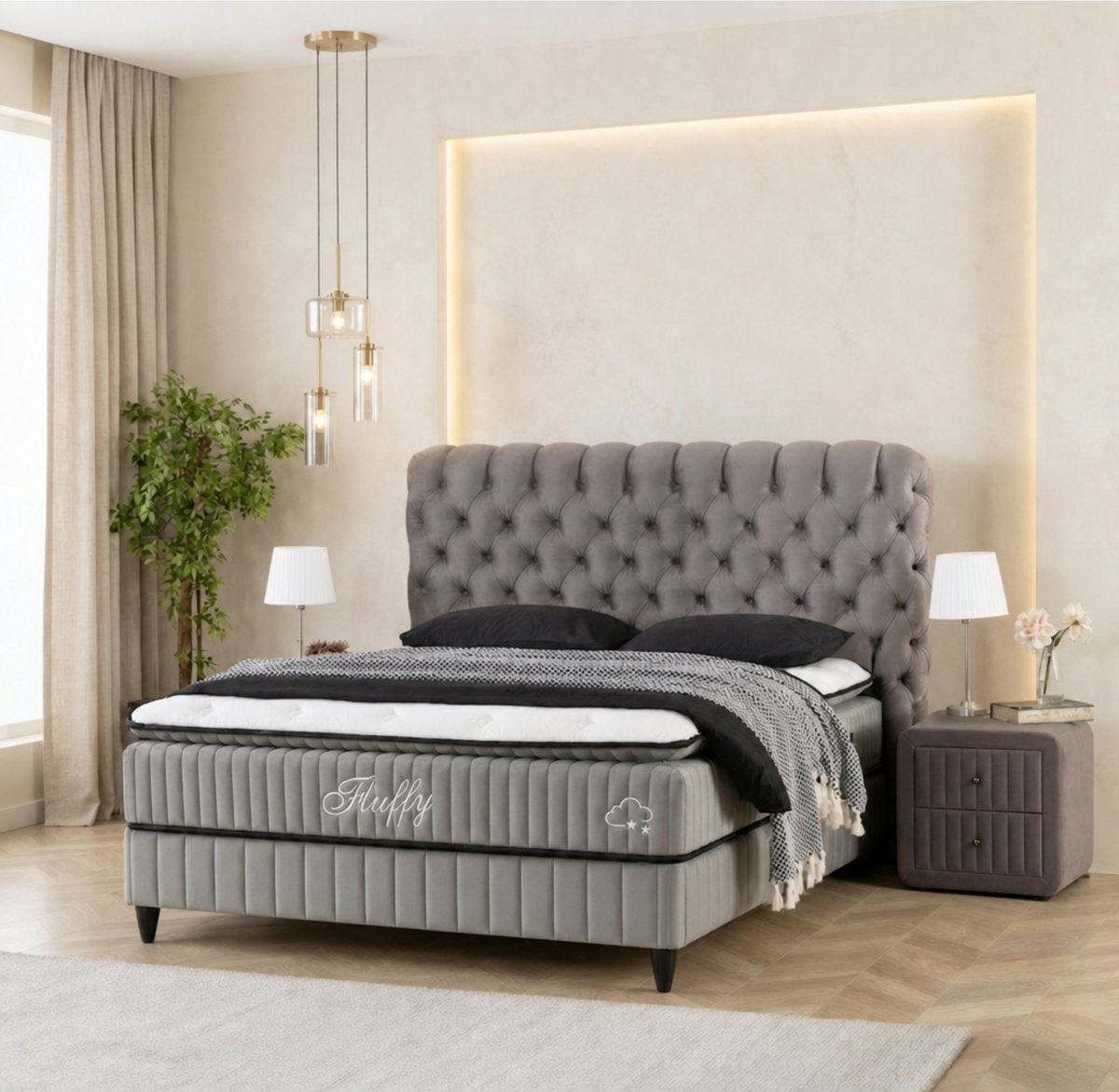 PointHome Comfort - Boxspring - Inclusief Dekbed - Boxspring met Opbergruimte - Met Nachtkastjes - Matras met topper - 140x200 - Grijs