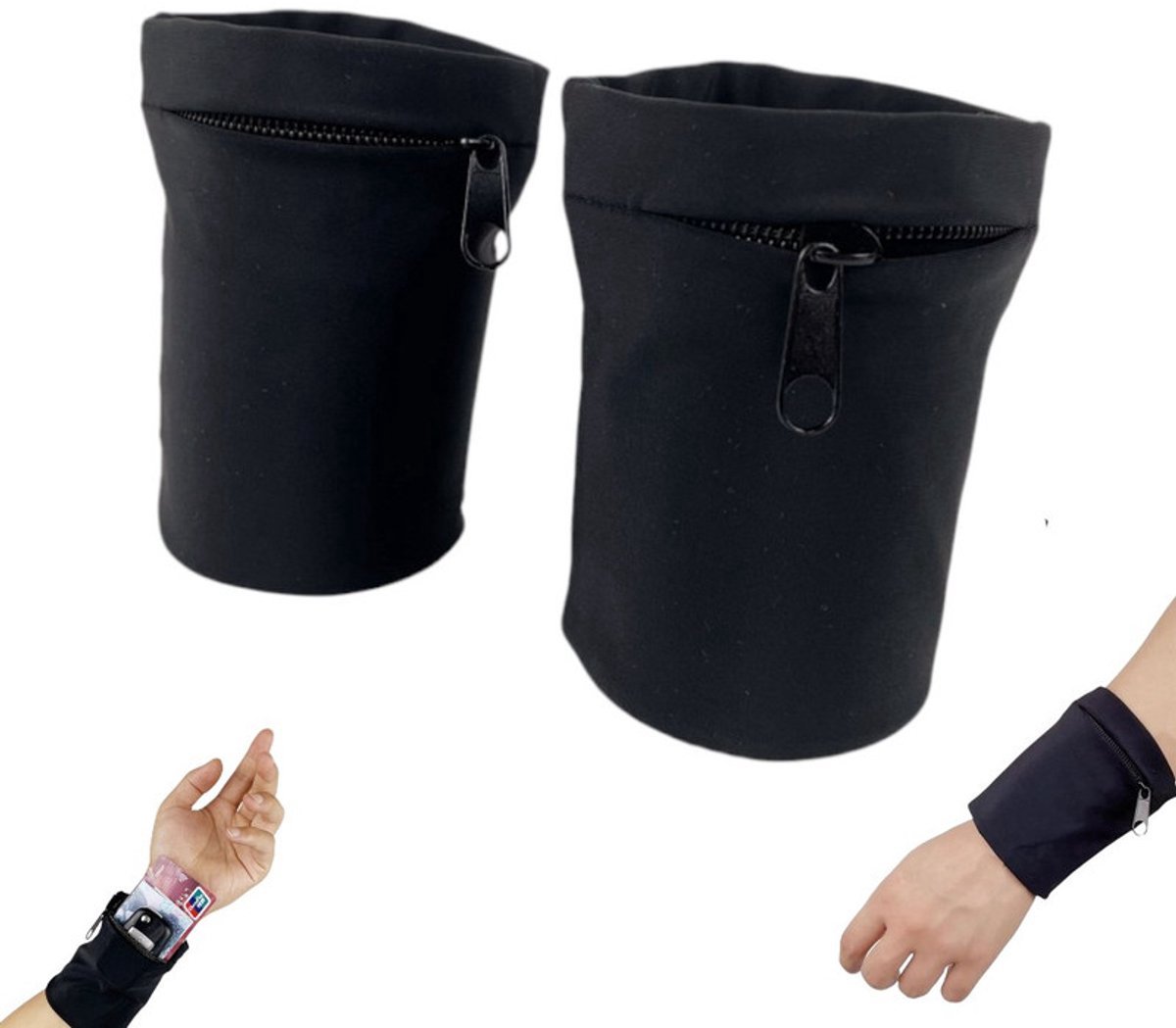 *** 2x Sport Polsbandje Festival Wandelen Sporten - Zweetbandje met rits - Wristband voor de ultieme sportervaring - Heble® zwart ***