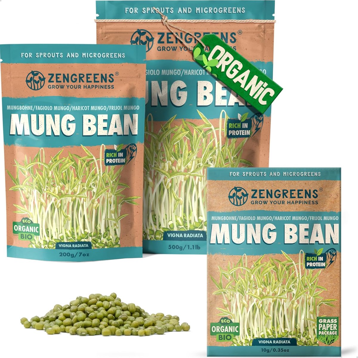 SnelShoppen - Biologische Mungboon Zaden - Kies uit 10g, 200g of 500g - Hoogwaardige Mungboon Kiemzaden met 97% Kiemkracht - Microgroenten voor Gezond