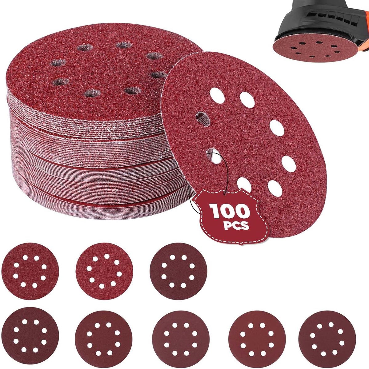 SnelShoppen - Pack van 100 schuurpapier 125 mm, schuurdiscs met 8 gaten, P40/P60/P80/P120/P180/P240/P320/P400 voor houtbewerking, metaal en meer