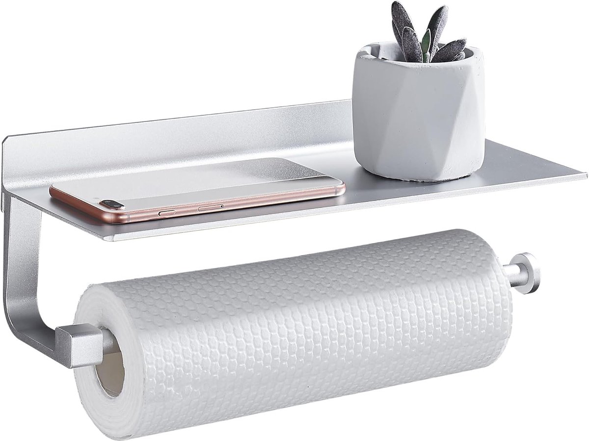 Thijox - Keukenrolhouder Wandhouder voor Papierrollen en Keukenhanddoeken - Ruime Tissuedispenser - Zonder Boren - Zilver - Ideaal voor Keuken en Badk