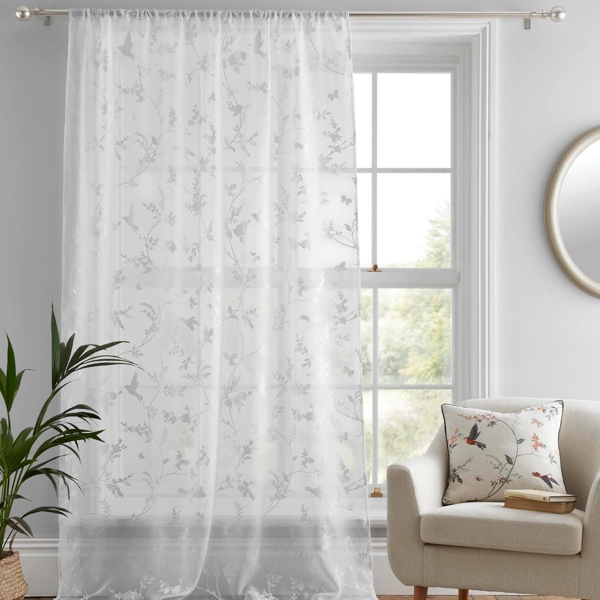SnelShoppen - Voile Gordijn voor Raam 140 x 228 cm, Transparant met Bloemen en Bladeren, Ideaal voor Slaapkamer en Woonkamer, Elegant en Luchtig, Priv