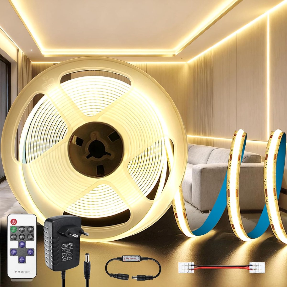SnelShoppen - LED Strip 5M Dimmable 24V Neutral White 4000K, Zelfklevend 8mm Breed, Met Afstandsbediening voor Keuken en Slaapkamer