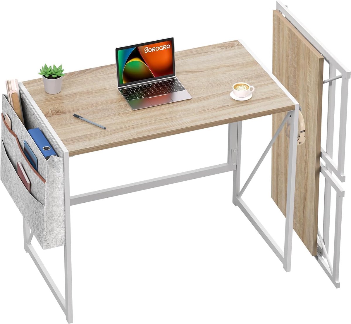 Inklapbaar Bureau 80x40 cm - Opvouwbare Computertafel voor Thuiswerkplek & Kleine Ruimtes - Compacte Laptoptafel met Opbergvak & Haken - Geen Montage - houtkleur & Wit