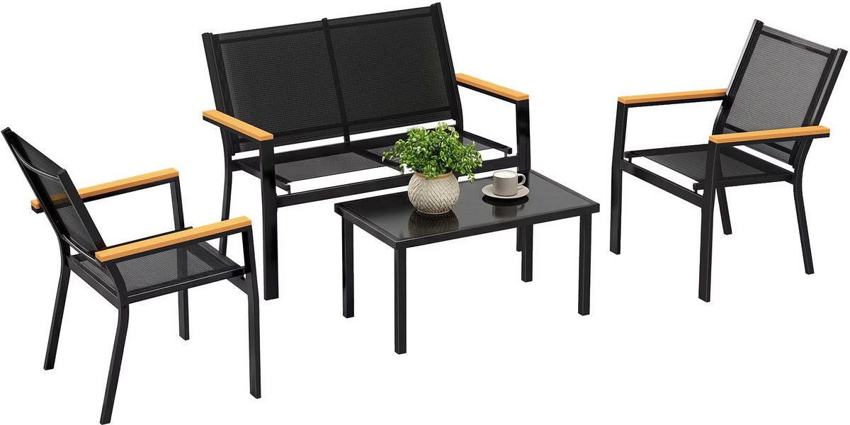 JOYNEXTBUY – 4-delige Tuinset – Loungeset voor Buiten – 2 Stoelen, 2-zitsbank & Salontafel met Gehard Glas – Zwart – Voor Tuin, Terras & Balkon