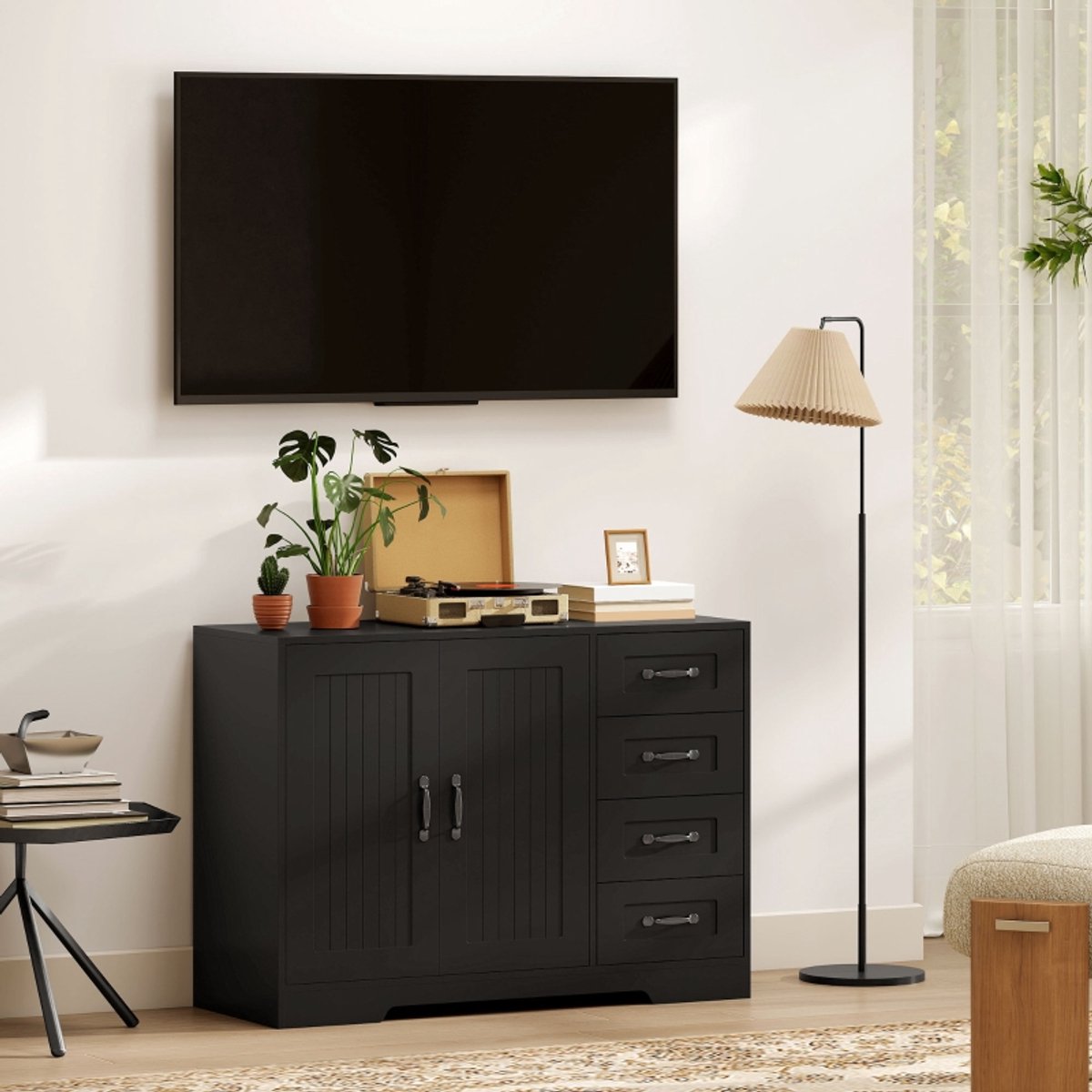 HAUSS SPOLE Dressoir - Modern Opbergkast Met 4 Lades En Verstelbare Plank - Voor Woonkamer En Eetkamer - Hout - 105x40x76 Cm - Zwart