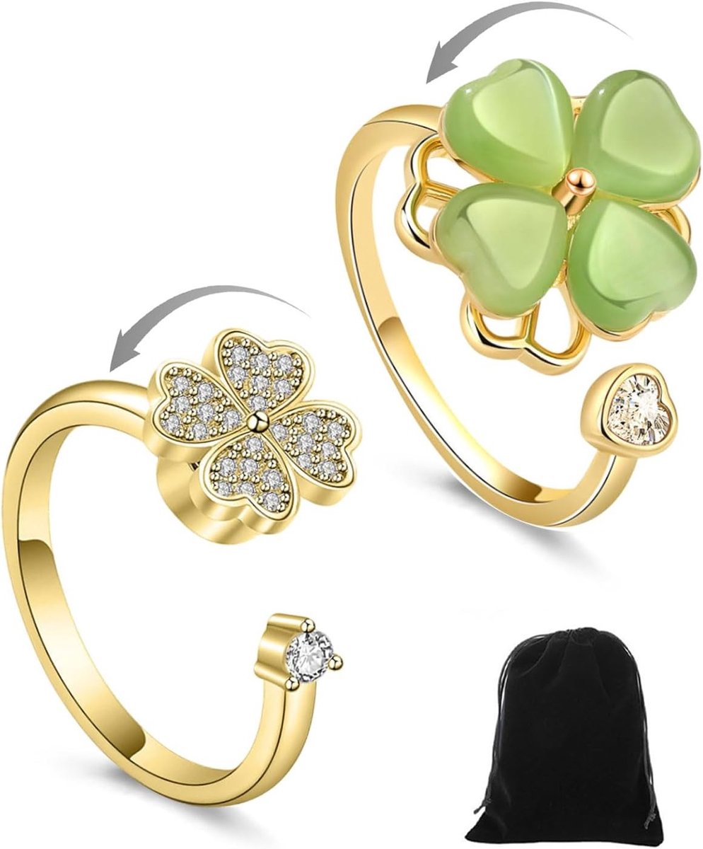 Verstelbare Fidget Ringen Set van 2 - Anti-stress Spinner Ringen met Klavertje Vier voor Dames en Heren, Perfect als Verjaardagscadeau en Stressverlichter