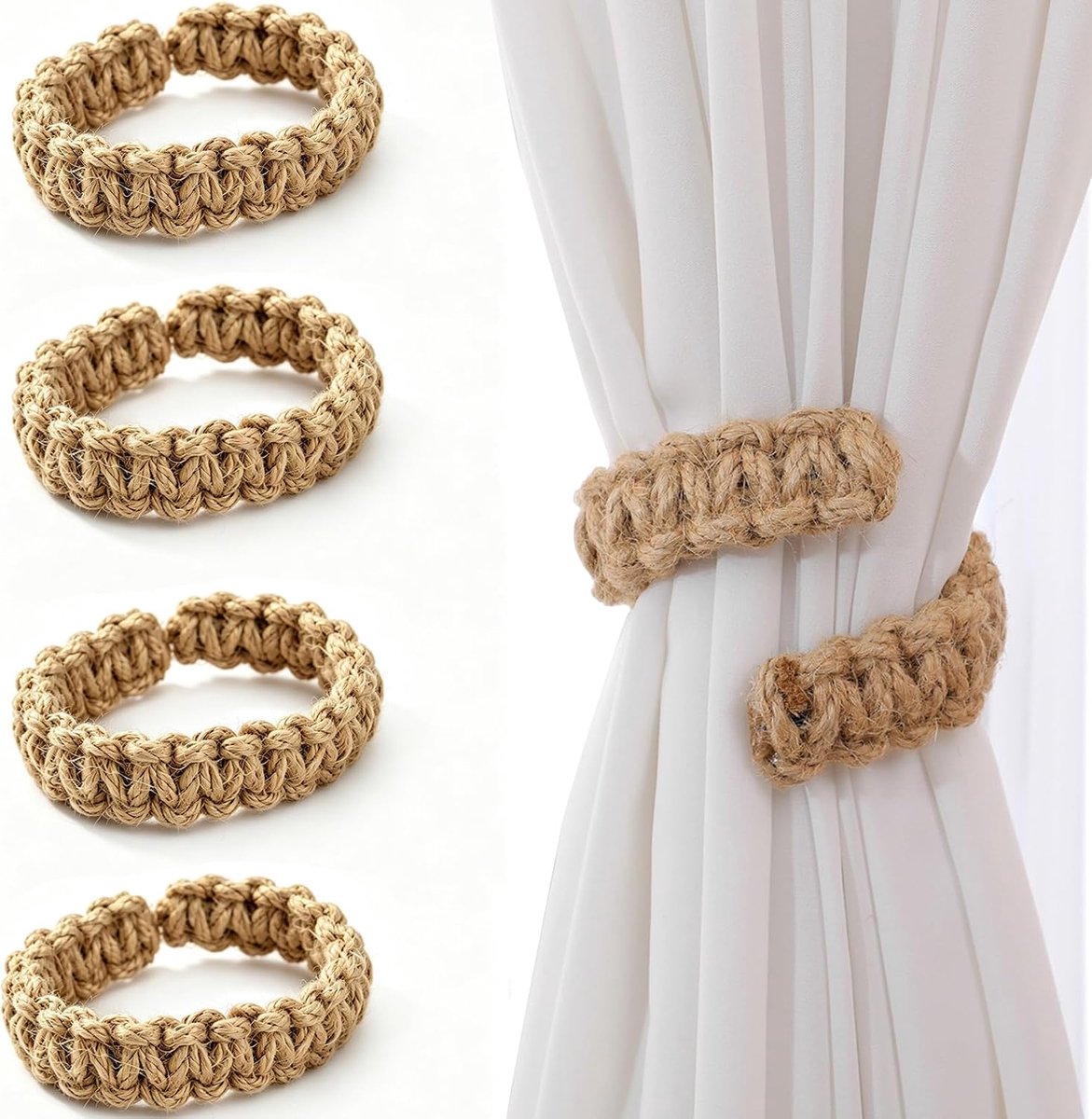 SnelShoppen - 4 Stuks Boho Gordijn Tiebacks | Katoen Touw Gordijn Holdbacks voor Binnen en Buiten | Duurzaam en Flexibel | Gordijn Trekkoord Decoratie