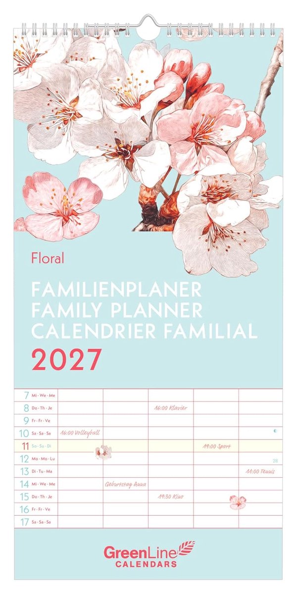 SnelShoppen - Floral 2027 Wandkalender 22x45 cm met 5 Spalten, 3-taal Kalendarium, Uurroosters & Vakantieoverzicht voor Gezinnen en Natuurliefhebbers