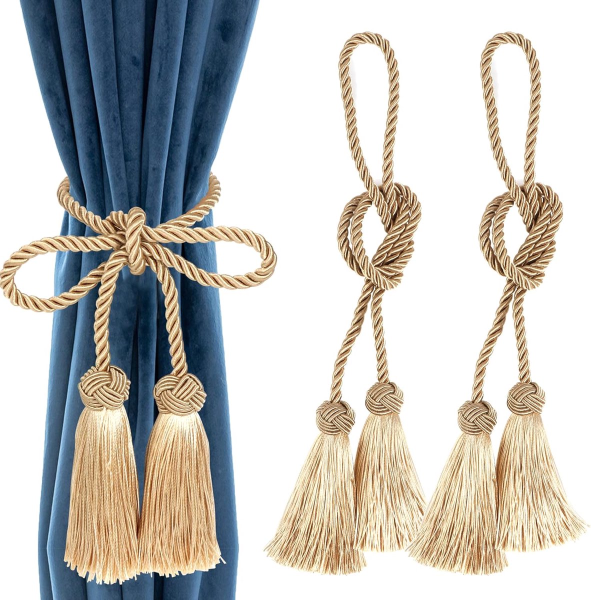 SnelShoppen - 2 Stuks Boho Decoratieve Gordijn Touwen Handgeweven Katoen Geen Boorgaten Gordijnhouders met Kwasten Natuurlijke Stijl voor Thuis en Fee