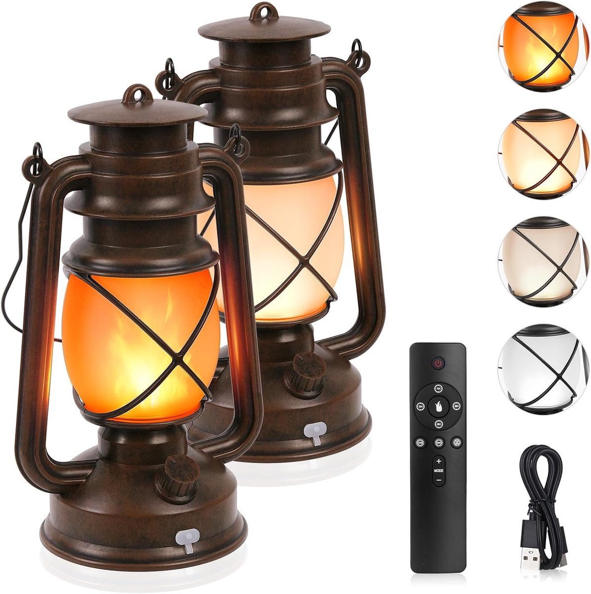 SnelShoppen - 2x LED Vintage Lanterns met Dimbare Lichtstanden, Waterdichte Buitenkandelaar met Vlam Effect, USB Oplaadbaar voor Tuin, Feesten, Kerst
