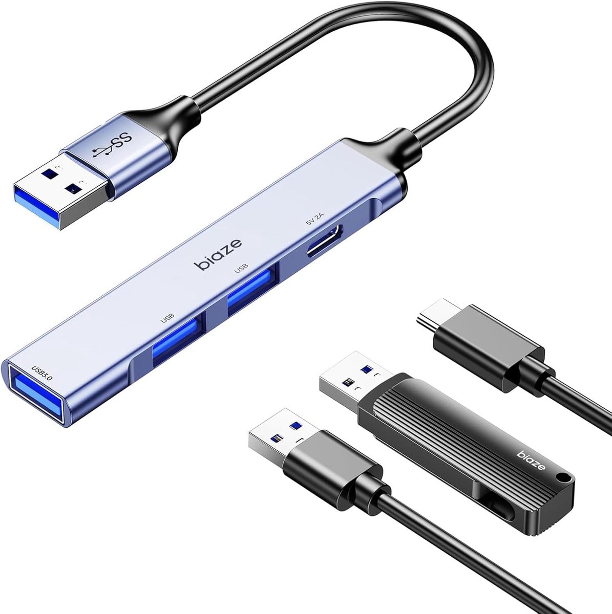 SnelShoppen - 4 Poorts USB 3.0 Hub Divider 5Gbps USBA Splitter voor MacBook, iMac, Surface Pro, Notebook PC, USB Flash Drives, Mobiele HDD, 6-in-1 USB