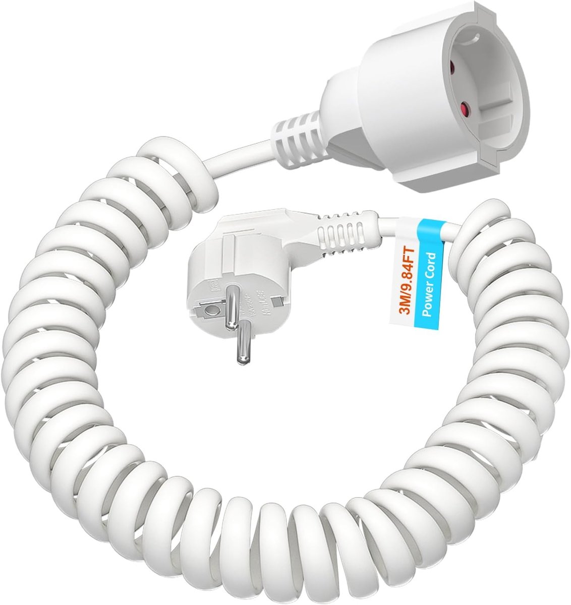 SnelShoppen - 3M Schuko Verlengsnoer, Spiraalsnoer tot 3 m, IP20, Gronderd, 230 V/16 A, 3 x 1.0 mm², Wit, Ideaal voor Thuis, Camping, Tuin