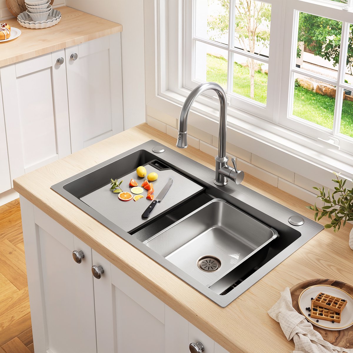 MODENUIT Keukenspoelbak – 75 x 45 cm – Rvs met PVD-Coating – Zilver – Met Snijplank en 3 Kraangaten