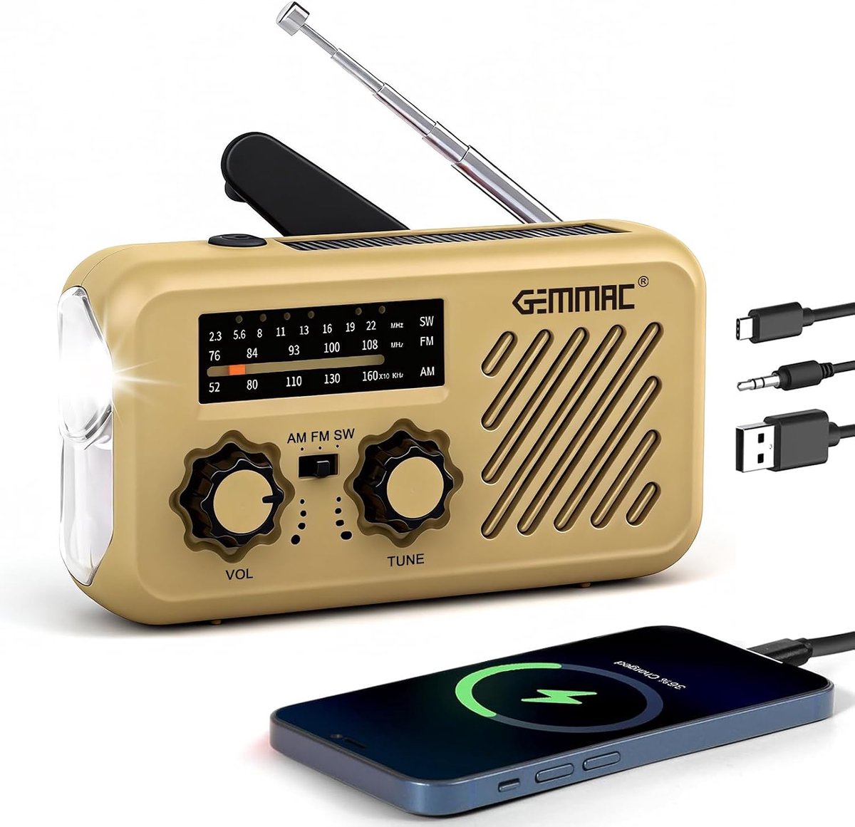 SnelShoppen - Draagbare AM/FM/SW Weer Alarm Radio - Oplaadbare Zonne-energie Noodradio met Crank, 2000mAh, LED Zaklamp, USB, Hoofdtelefoonaansluiting,