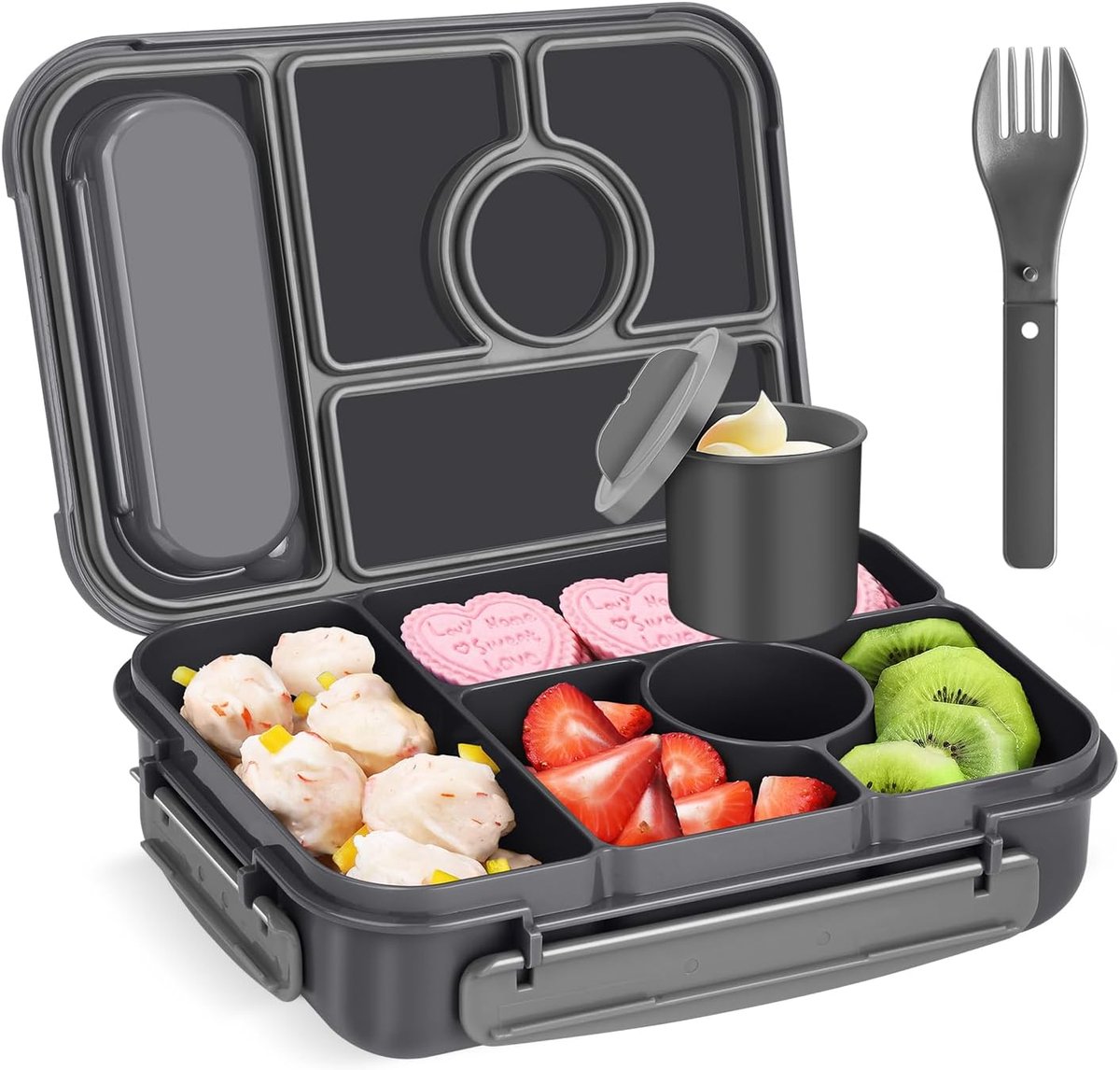 Thijox - Lunch Box Volwassenen/Kinderen, 1300ML Bento Box met 5 Vakken, Lekvrij Snackbox, Herbruikbare Sandwichbox voor School, Werk en Picknick, Donk