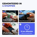 Vier stappen voor het monteren van de telefoonhouder: reinigen, 30 seconden aandrukken, plakplaatje bevestigen, 12 uur uitharden.