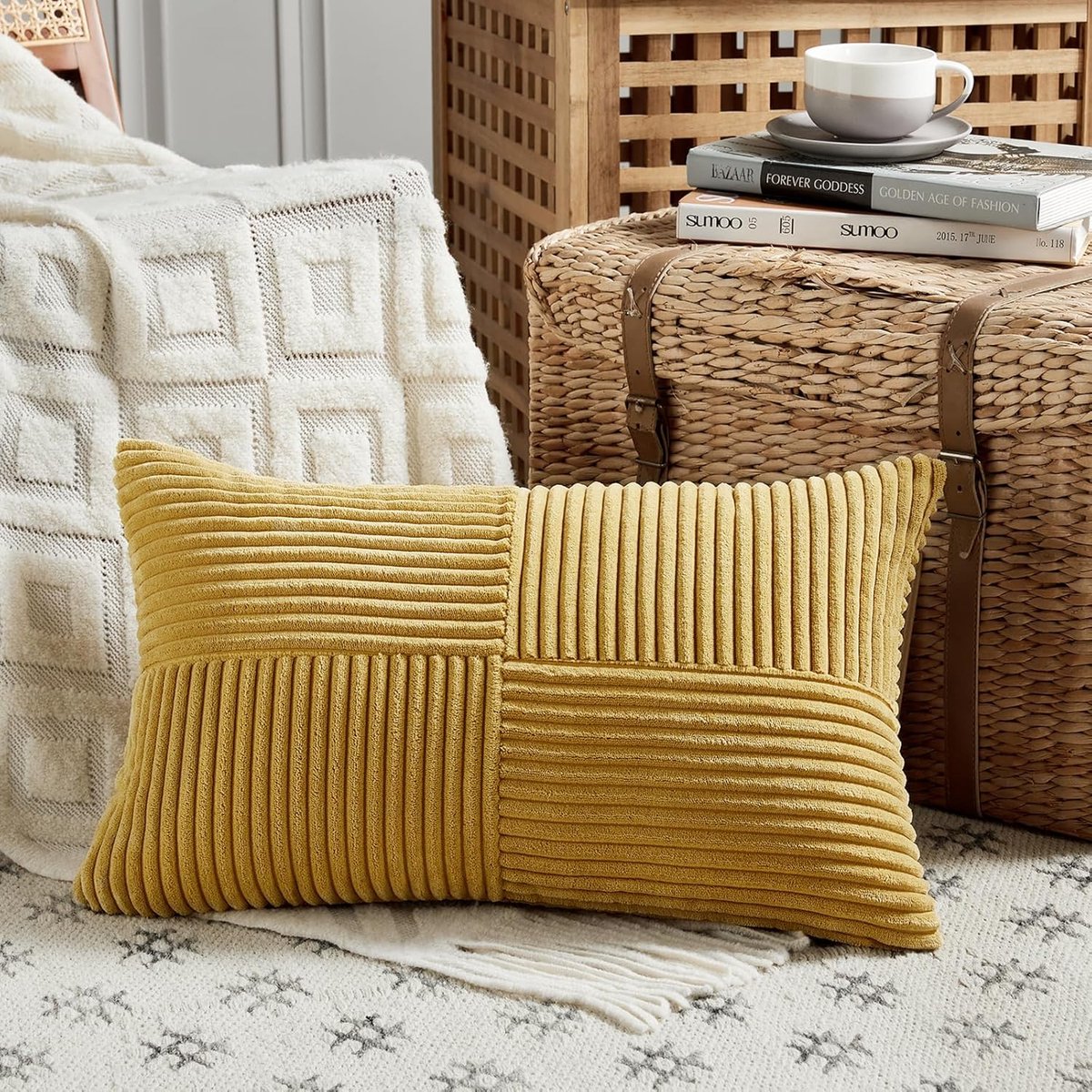 SnelShoppen - Boho Kussenhoes 30x60 cm Turmeric Crisscross Patroon Corduroy Decoratief voor Sofa, Bed, Stoel, Modern en Minimalistisch