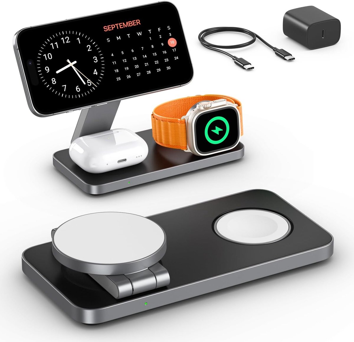 SnelShoppen - 3 in 1 Draadloze Oplader Station voor iPhone, Apple Watch en AirPods Pro - Snelle 15W Magnetische Oplader, Ideaal voor Thuis en Kantoor