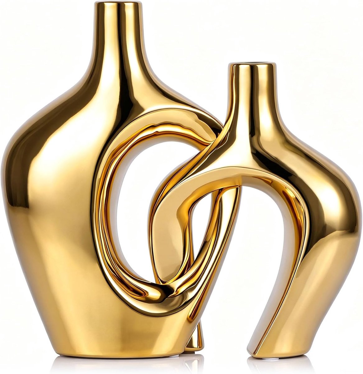 SnelShoppen - Set van 2 Gouden Holle Keramische Vazen - Moderne Nordic Boho Decoratie Vazen voor Pampas Gras, Dried Flowers, Woonkamer, Kantoor, Bruil