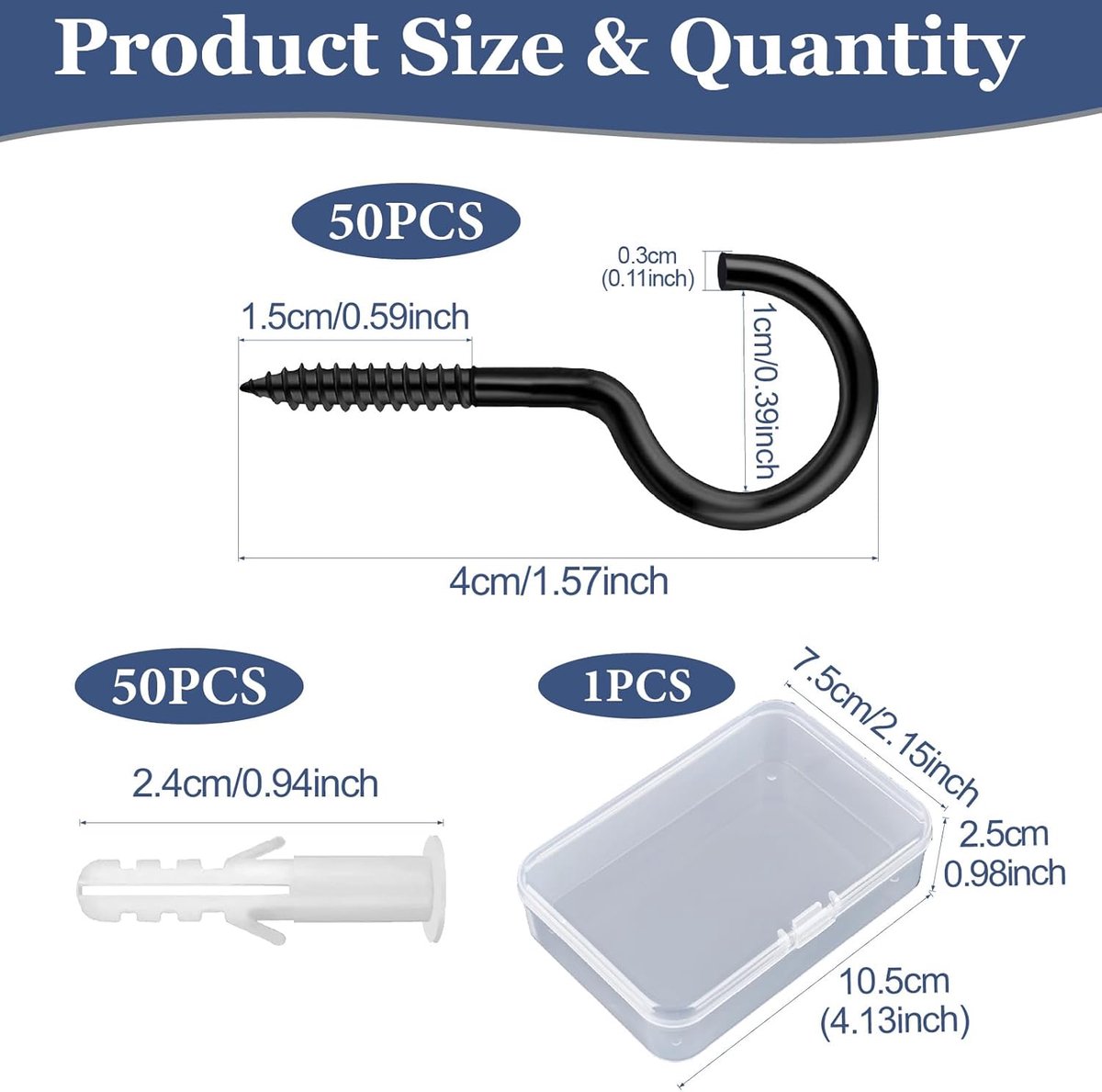 SnelShoppen - Pack van 50 Zwarte Schroefhaken, RVS, Kleine Wandhaken, Plafondhaken, Perfect voor Hangmatten, Tentdoeken, Schommels en Kabels