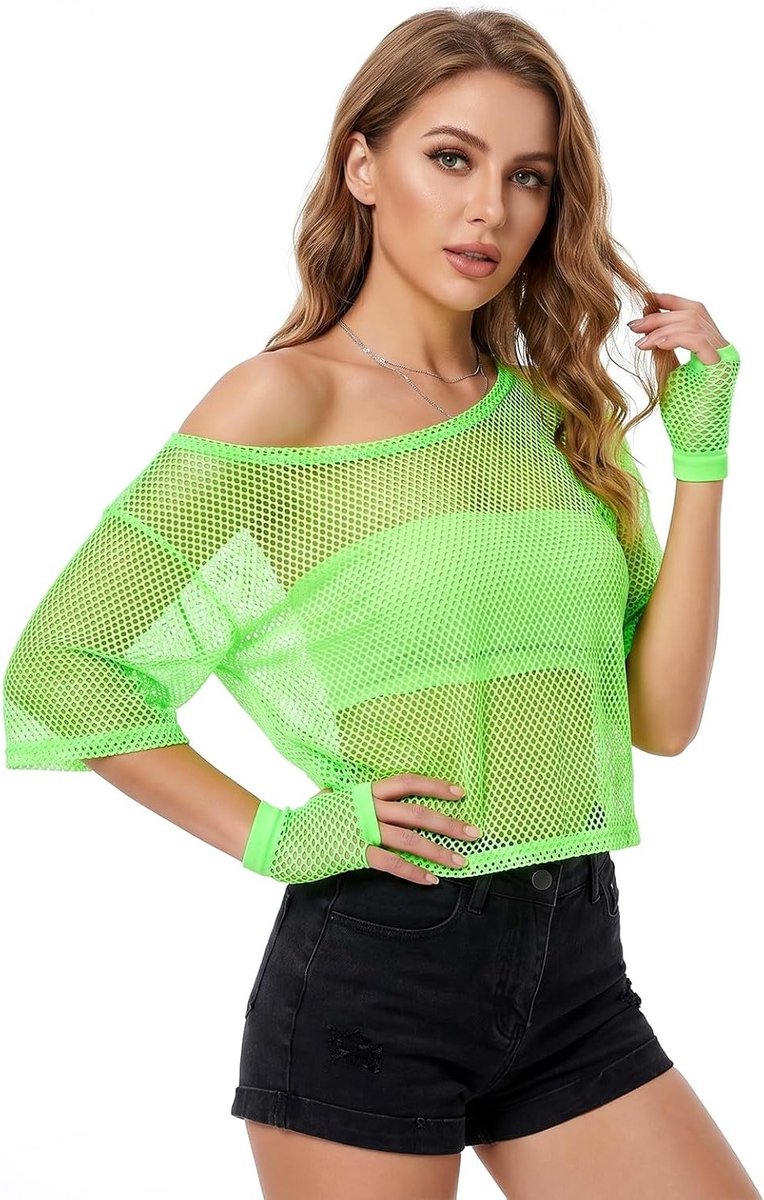 Neon party-outfit voor dames met mesh-bovenstuk en handschoenen | Jaren 80 visnet T-shirt, zomeroutfit voor themafeesten en carnaval