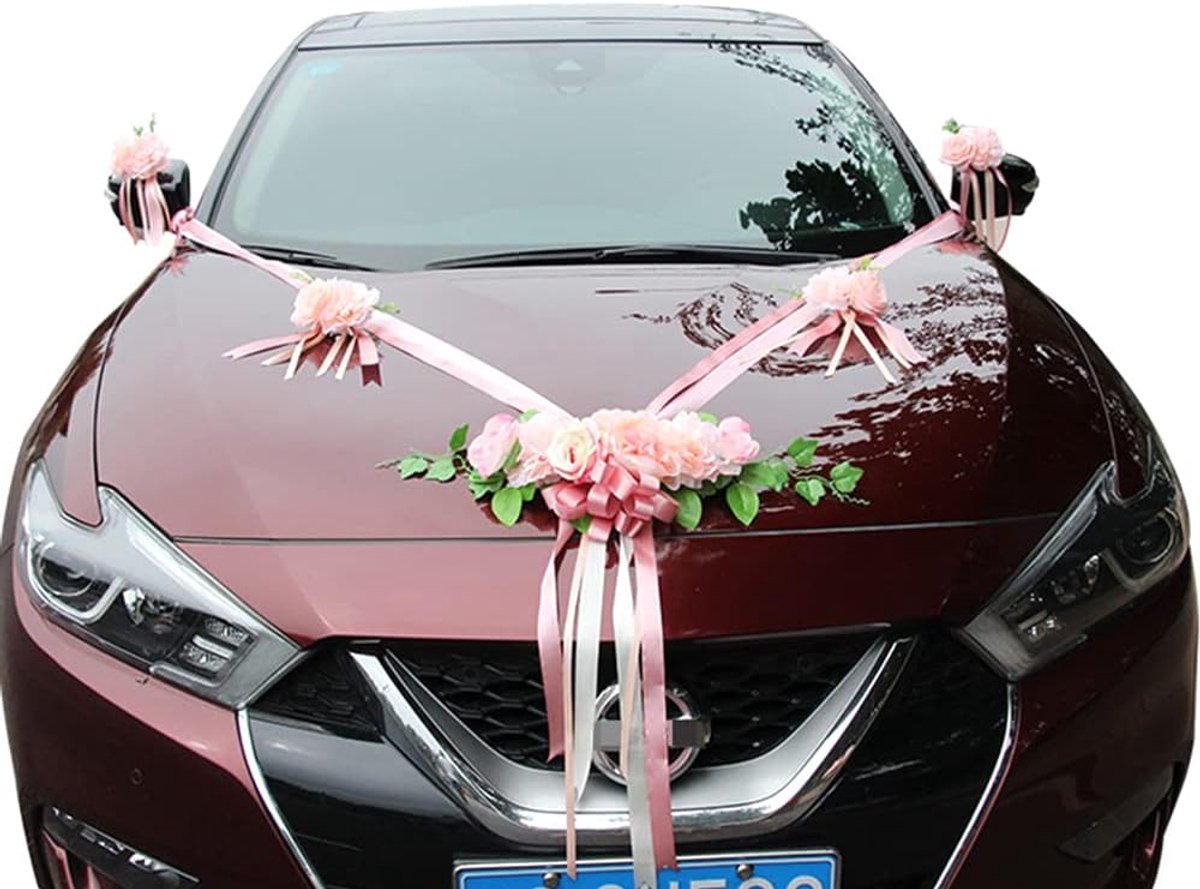 SnelShoppen - Trouwauto Versiering - Bruidspaar Rozen Bloemen Decoratie - Polyester Riemen - Herbruikbaar en Wasbaar - Roze - Perfect voor Huwelijk