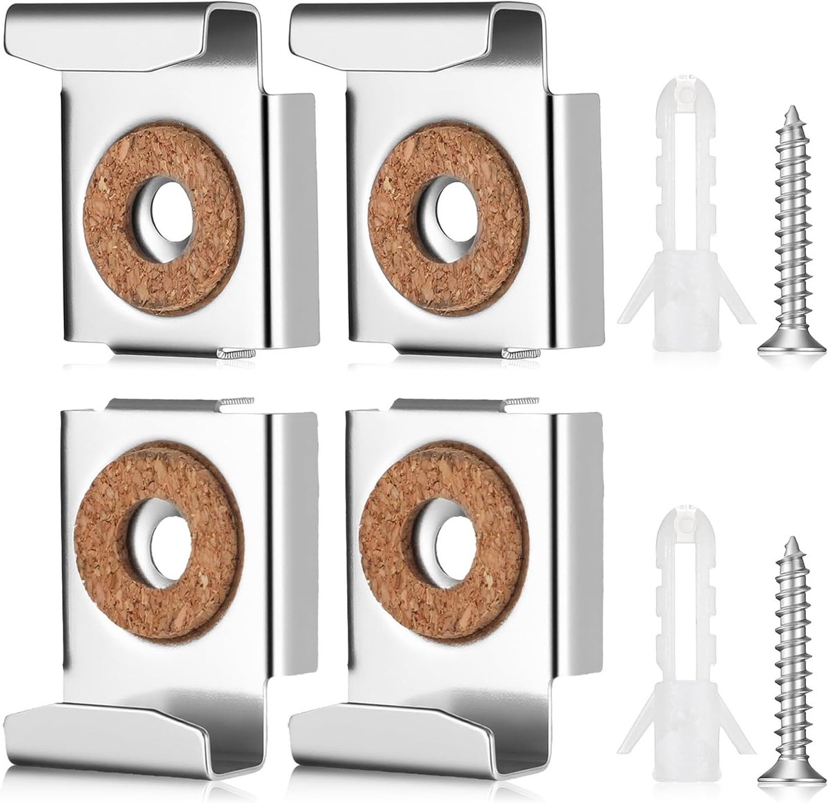 Set van 4 veerbelaste spiegelhouders voor muurbevestiging met pluggen en schroeven, ideaal voor zware spiegels en glas, hoogte verstelbare wandbevestiging met kurkonderlegger