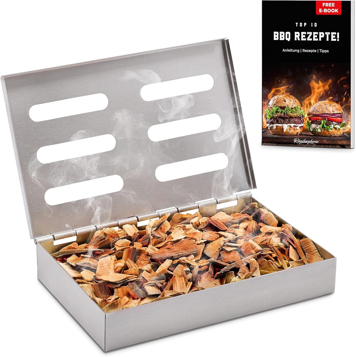 SnelShoppen - Premium Rookbox voor BBQ - Stainless Steel Smoker Box + E-Book - Voor Gas-, Elektrische- en Houtskoolgrill - Ideaal voor Tuin, Feest en