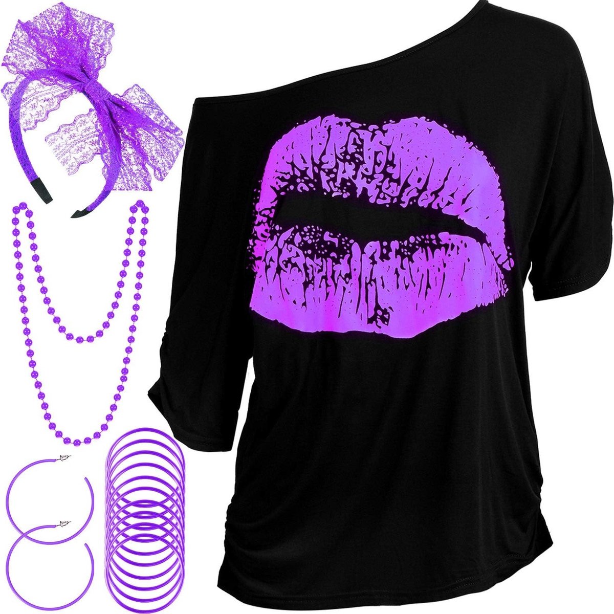 80s Halloween kostuums voor vrouwen - Lippenprint T-shirt, kanten haarband, oorbellen, ketting en armband accessoires