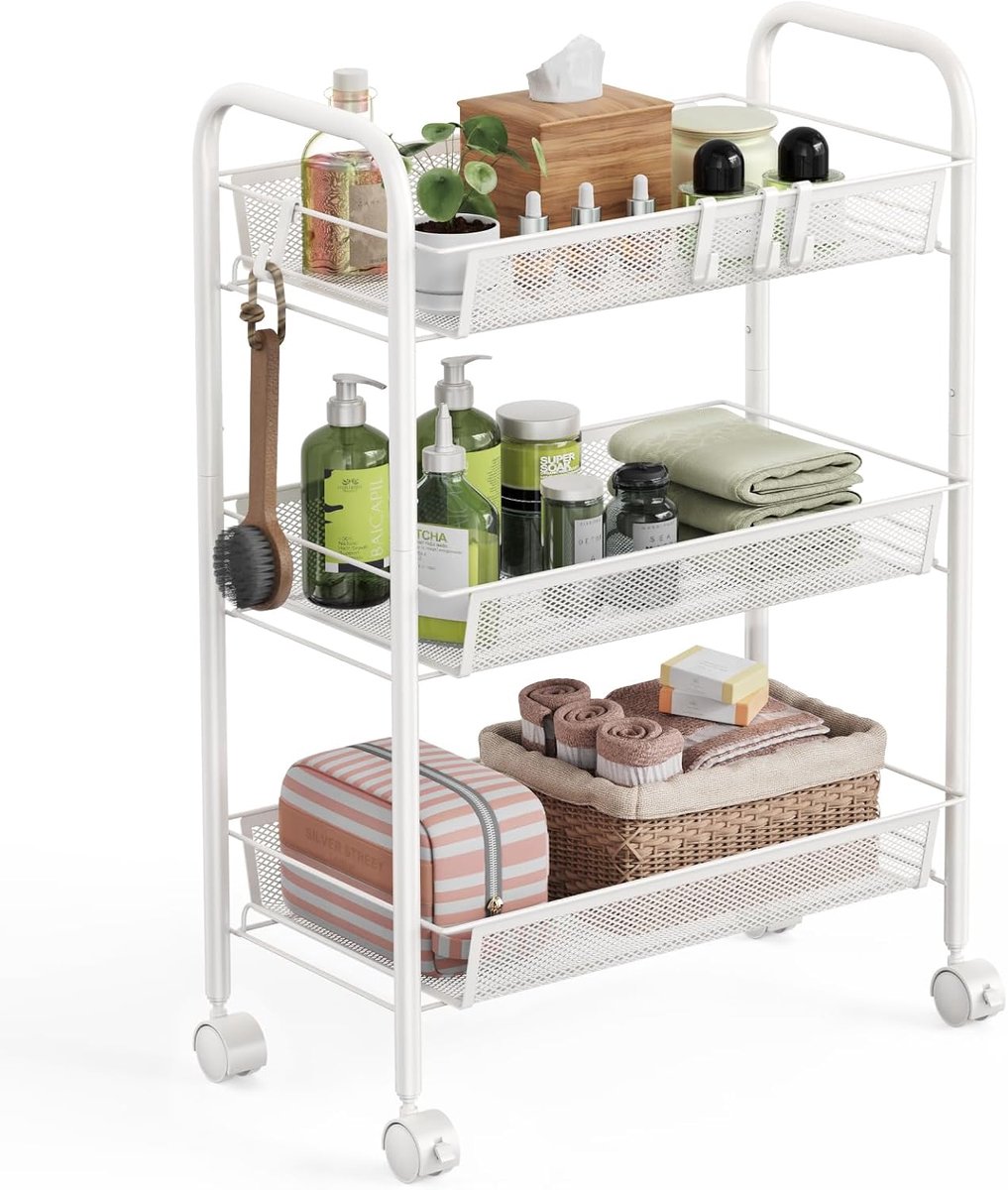 SnelShoppen - 3 Laags Opberg Trolley, Rollende Keukenwagen, Metalen Badkamer Kar, Draagbaar, Stabiel en Eenvoudig te Monteren, Wit