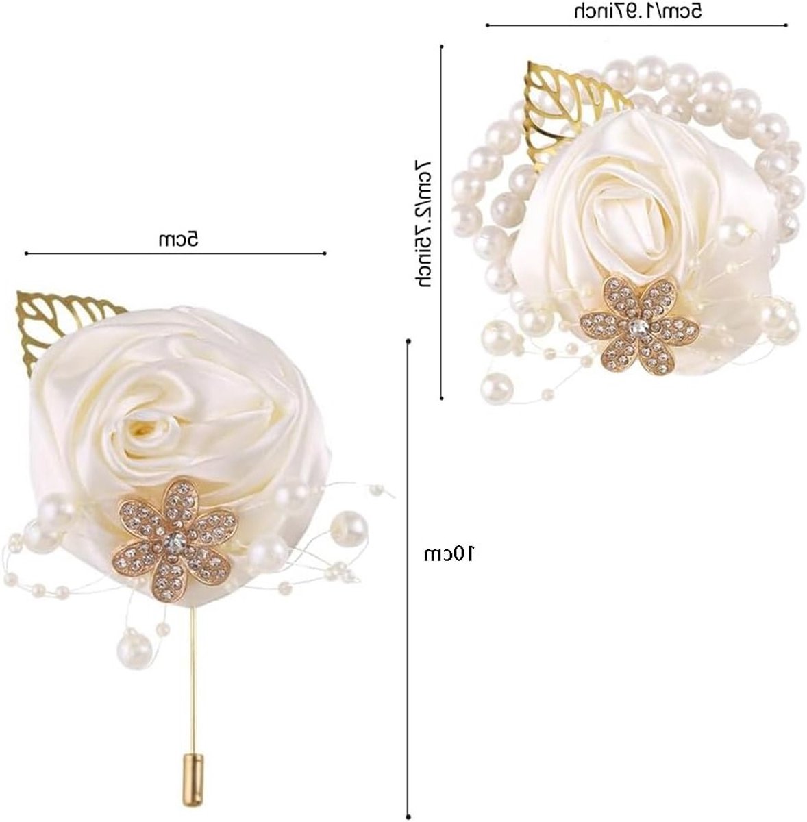 Elegante Satijnen Rozen Corsage en Polsboeket Set voor Bruiloft en Prom, 7 x 5 cm en 10 x 5 cm, Wit, Perfect voor Bruid en Bruidsmeisjes