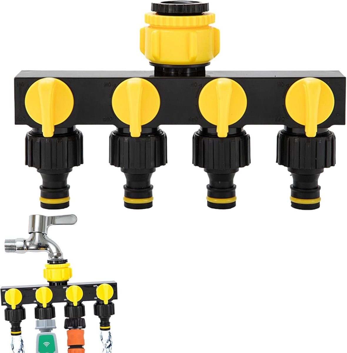 SnelShoppen - 4-weg Waterverdeler met Adapter, 3/4 inch en 1/2 inch Schroefdraad, Duurzaam PP-materiaal voor Tuinirrigatie en Keuken, Ideaal voor Wasg
