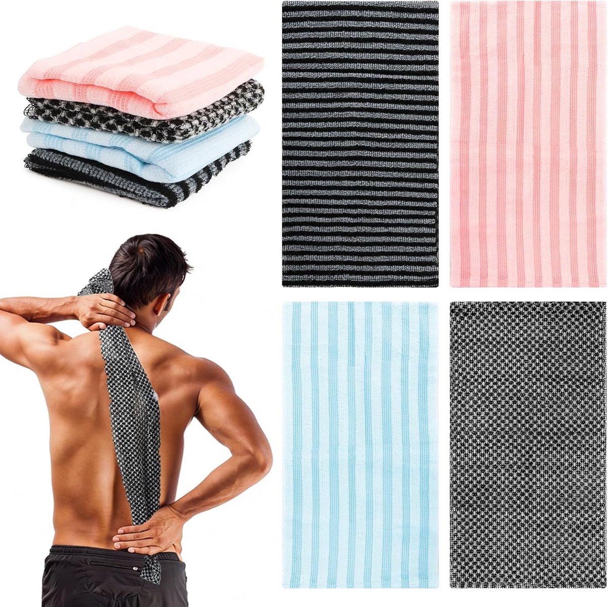 Thijox - Exfoliërende Antibacteriële Douchehanddoek Set van 4 Stuks - Japanse Peeling Handdoeken, Extra Lange Body Back Scrubber, Dubbelzijdige Washan