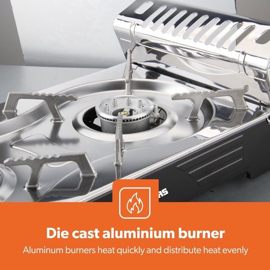 Borvat® Kooktoestel 2 Pits - Camping Gasfornuis - Elektronische Ontsteking - Inclusief 1,5 m Gasslang, 50 mbar Drukregelaar & 4 Butaan Gaspatronen 227g -met Draagkoffer- Zwart — afbeelding 2