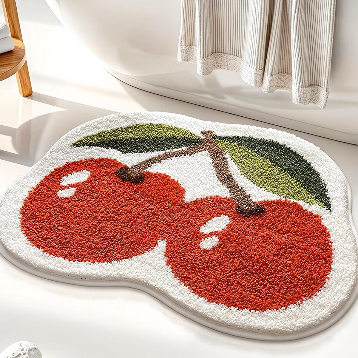 SnelShoppen - Fluffy Flock Badmat Rood 45x55cm - Antislip, Absorberend, Zacht Sanitair Kleed met Kersenmotief voor Badkamer, Douche en Badkuip