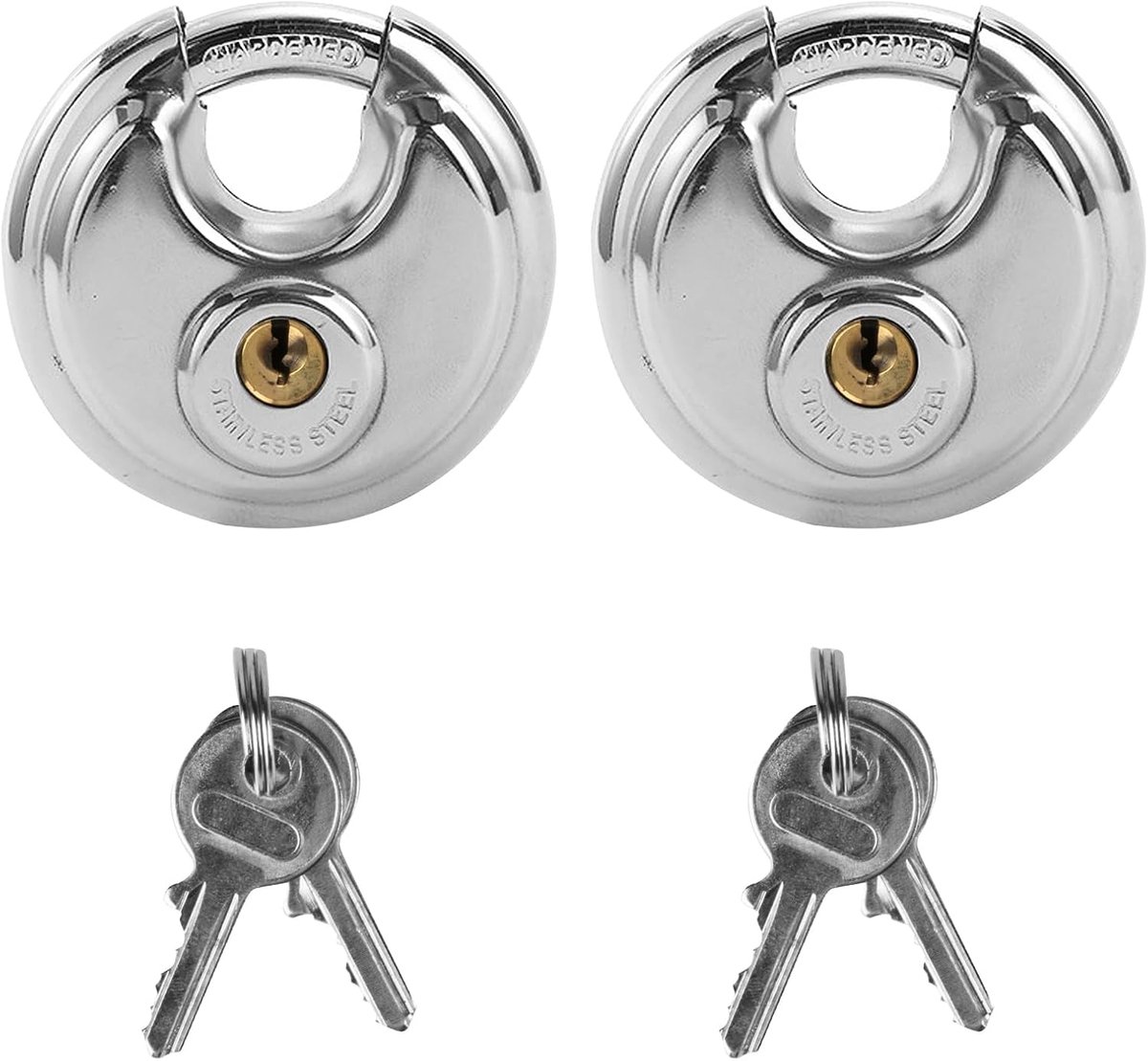 SnelShoppen - 2 Heavy Duty RVS Disc Locks 70mm Hangsloten met Sleutel, Waterdicht en Roestvrij, Unieke Sleutels voor Opslagruimtes en Tuinhuisjes