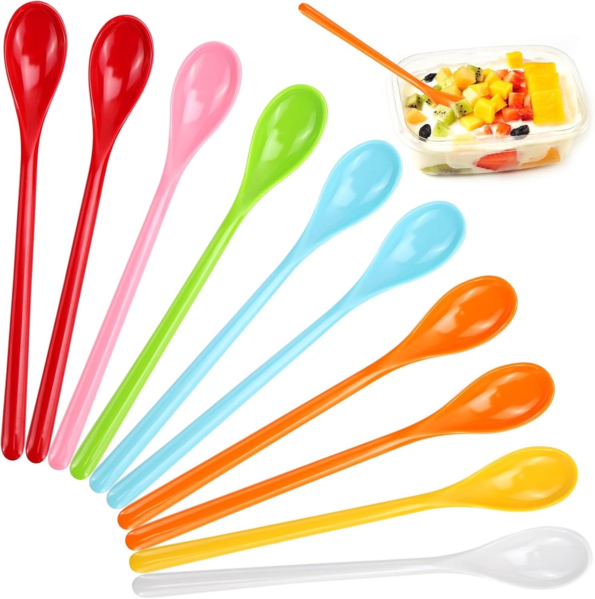 SnelShoppen - 10-delige set kleurrijke plastic ijslepel, lange lepel, eierlepel, theelepel, kinderlepel, soeplepel, mixlepel voor gekoelde dranken en