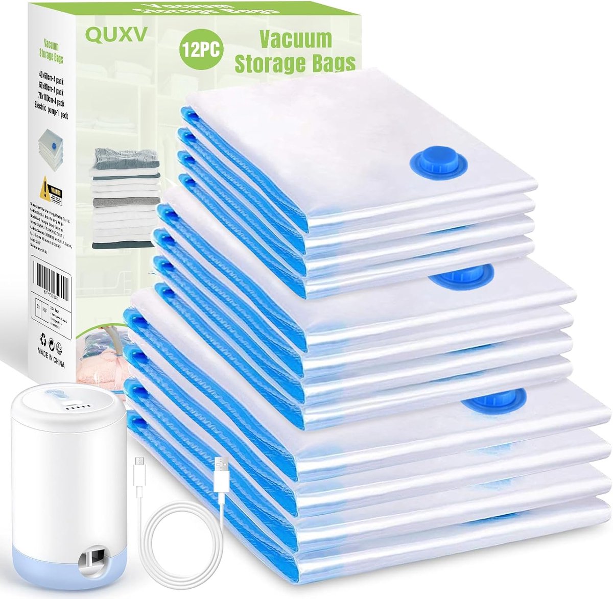 SnelShoppen - 12 Stuks Vacuum Opbergzakken voor Kleding met USB Elektrische Pomp, Waterdichte Herbruikbare Zipper Bag, Luggage Organizer voor Kleding