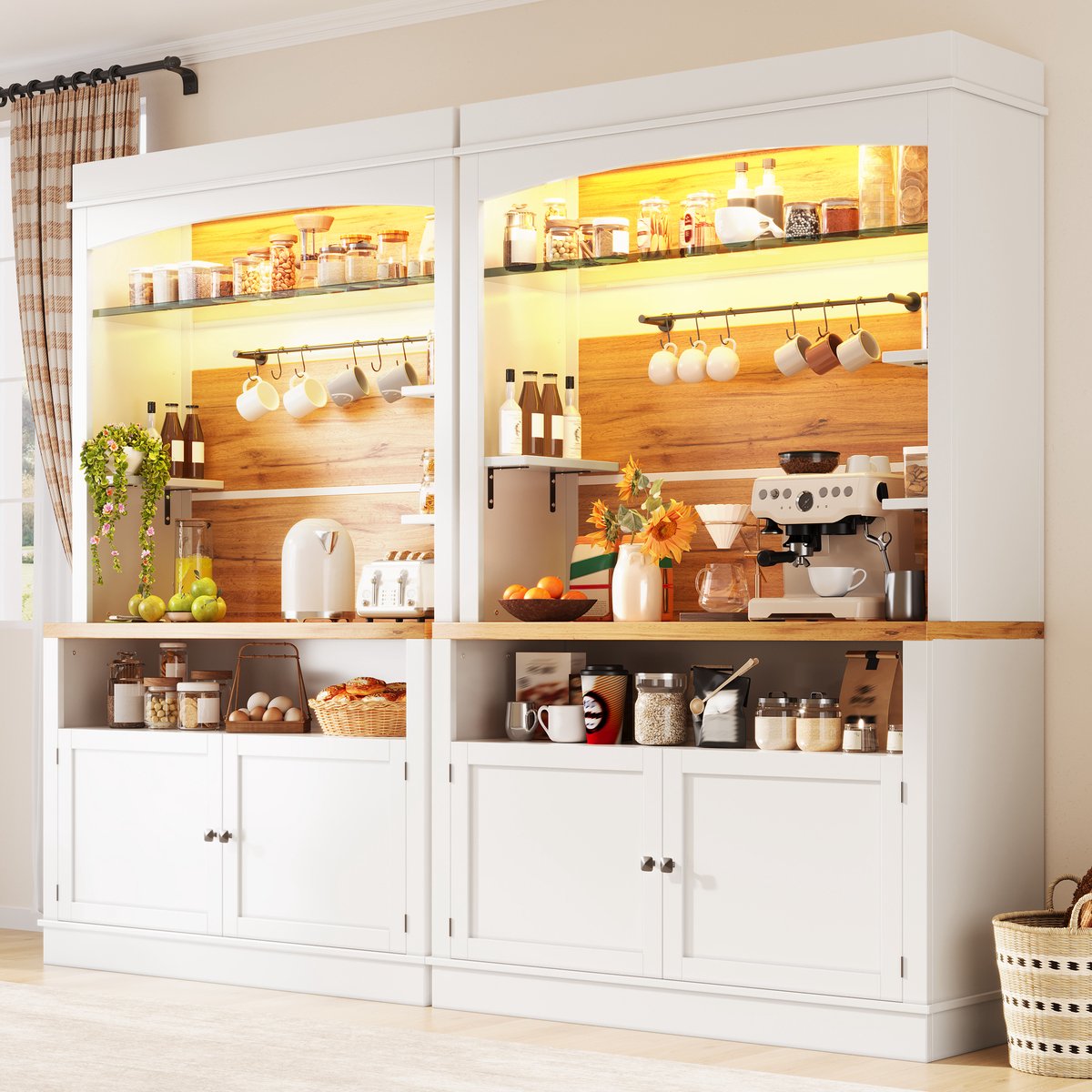 HAUSS SPOLE Keukenkast - Set Van 2 Hoge Opbergkasten Met Ledverlichting En Glasplank - Voor Keuken En Eetkamer - MDF Metaal - 107x34x184 Cm - Wit